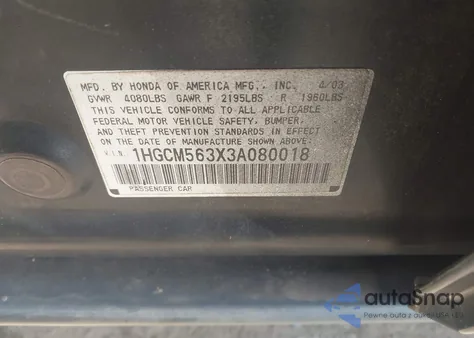 2003 Honda Accord 2.4 Lx из США, поврежденный, VIN 1HGCM563X3A080018